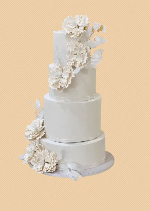 A custom wedding cake with four tiers.